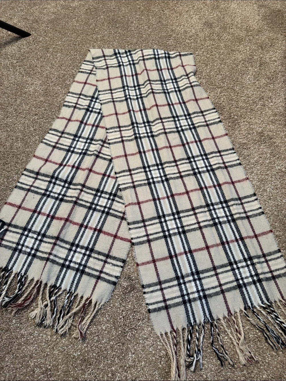 Pierre Cardin Scarf tartan plaid tan/red/black fringe edges